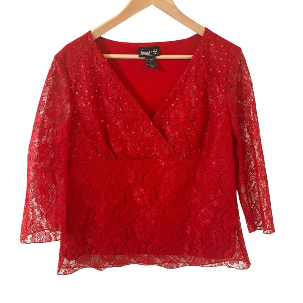 Y2K Womens Babydoll Top Fariy Lace‎ Mesh Red Size Large Sheer Glam V Neck Party